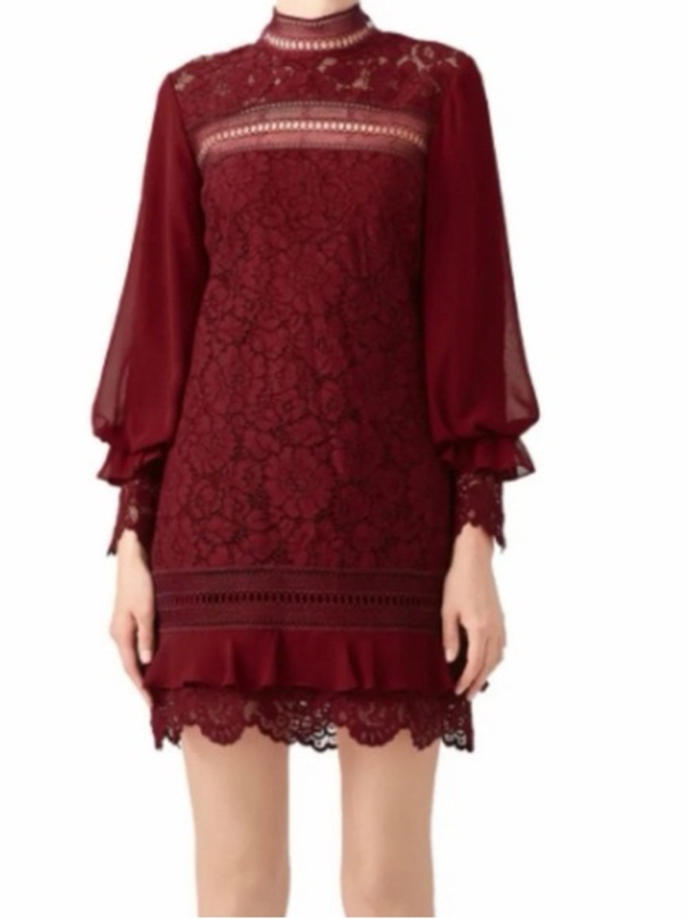 Laundry By Shelli Segal Burgundy Lace Long-Sleeve Mini Dress